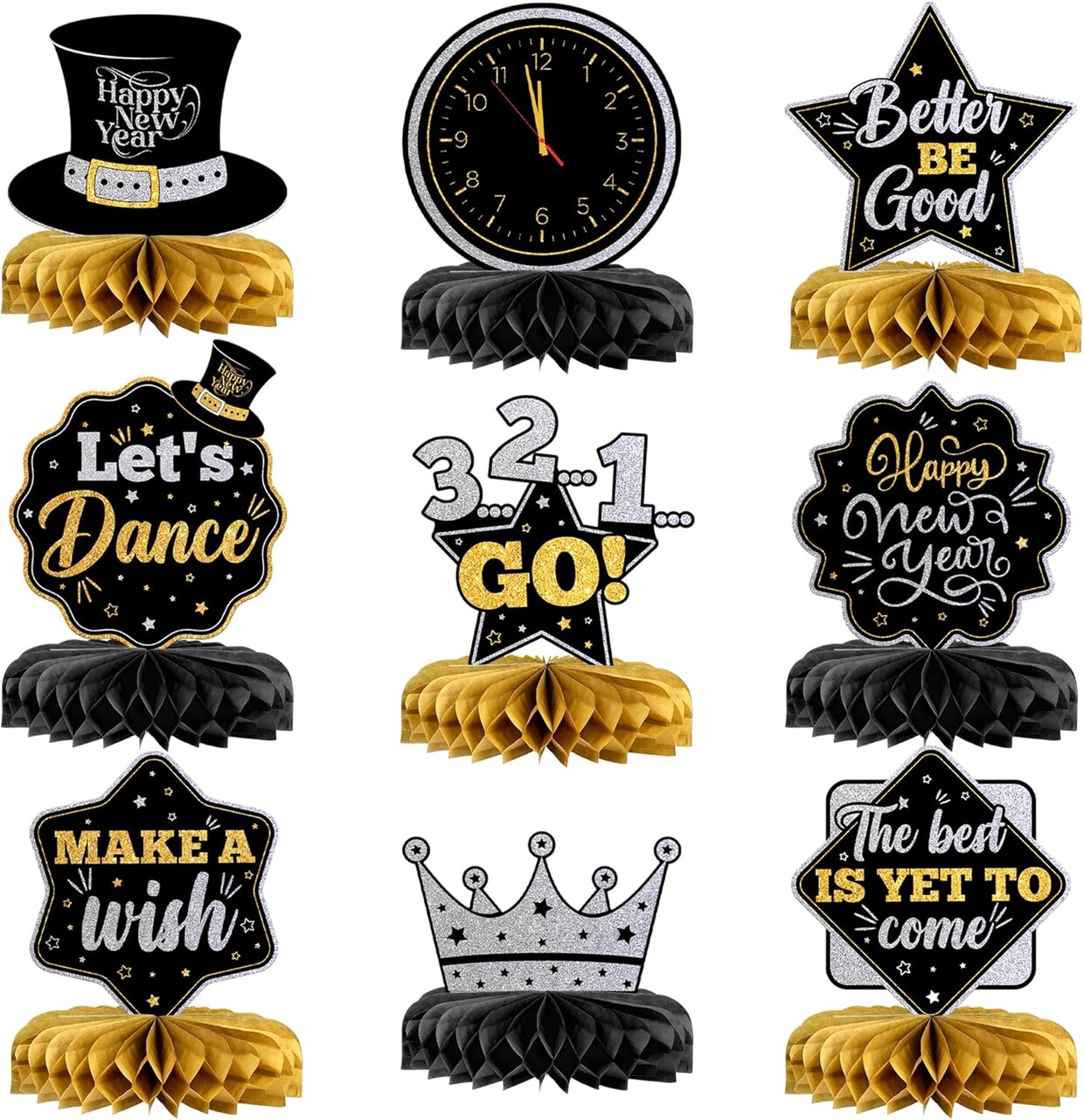 New Year Centerpieces for Tables - Pack of 9 | New Year Eve Party Supplies 2025 | NYE Centerpieces for Black and Gold New Years